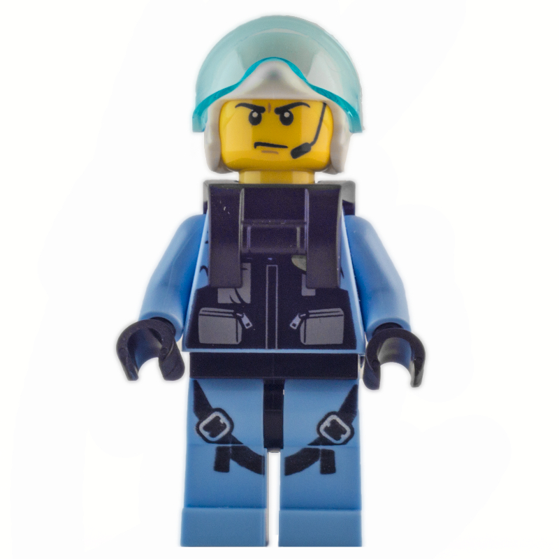 Lego Policeman, Black Vest with Badge and Pouches over Bright Light Blue Shirt, White Helmet with Visor, Neck Bracket, Headset