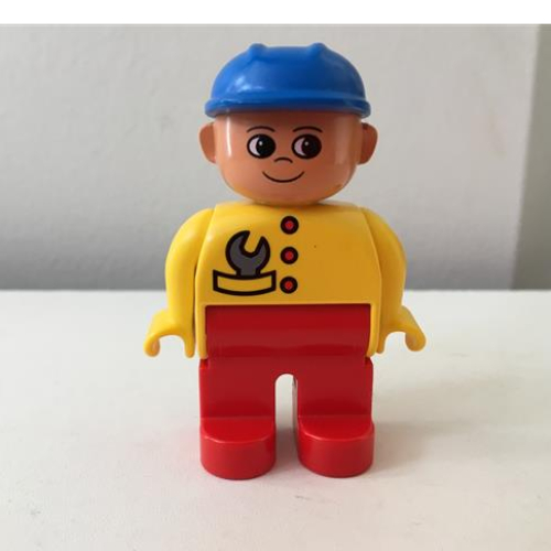 Lego Duplo Figure, Early, Hard Hat Blue, Red Legs, Yellow Top with Wrench in Pocket Print