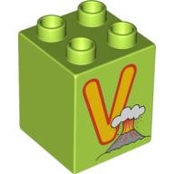 Lego Duplo Brick 2 x 2 x 2 with 'V' and Volcano Print