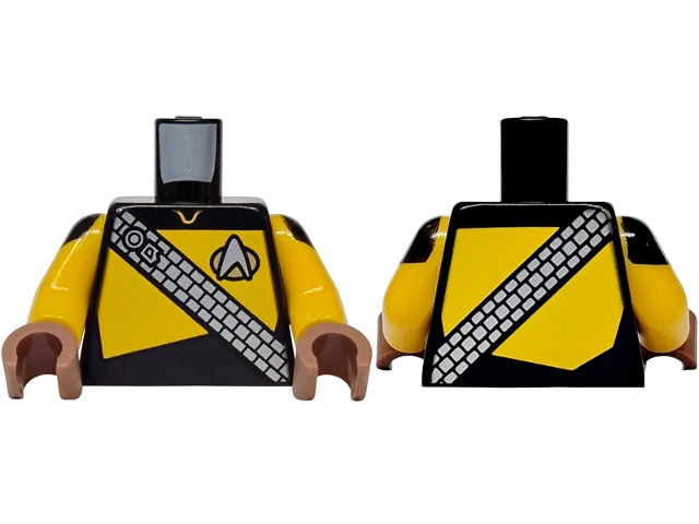 Lego Torso Uniform Vest with Gold and Silver Star Trek Starfleet Insignia, Baldric Belt over Shoulder, Bright Light Orange Front and Back Panel Pattern / Bright Light Orange Arms with Black Shoulders Pattern / Medium Brown Hands