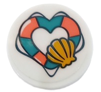 Lego Tile, Round 2 x 2 with Bottom Stud Holder with Dark Blue and Coral Heart Shape Life Preserver and Orange Shell Pattern (Sticker) - Set 41413