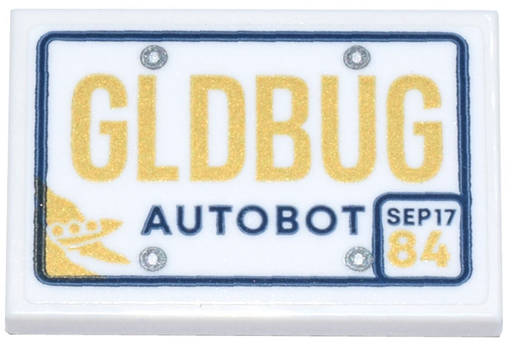 Lego Tile 2 x 3 with License Plate with Gold and Dark Blue 'GLDBUG', 'AUTOBOT' and 'SEP17 84' Pattern (Sticker) - Set 10338