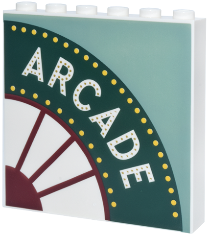 Lego Panel 1 x 6 x 5 with Dark Green Marquee Sign, Dark Red Curved Window Segments and 'ARCADE' on Sand Green Background Pattern Model Left Side / White