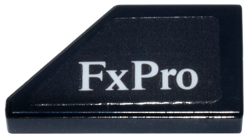 Lego Tile, Modified 1 x 2 Wedge Right with White 'FxPro' Logo Pattern (Sticker) - Set 77251 / Black