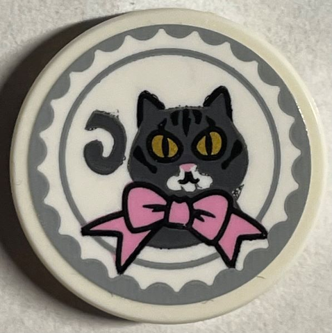 Lego Tile, Round 2 x 2 with Bottom Stud Holder with Dark Bluish Gray Cat with Gold Eyes and Bright Pink Bow Pattern (Sticker) - Set 76403 / White