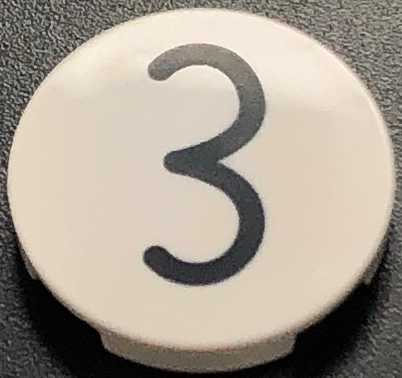 Lego Tile, Round 2 x 2 with Bottom Stud Holder with Black Kissy Mouth / Number 3 Pattern