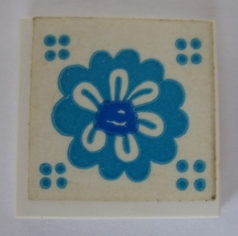 Lego Tile 2 x 2 without Groove with Blue Flower Pattern (Sticker) - Set 292 / White