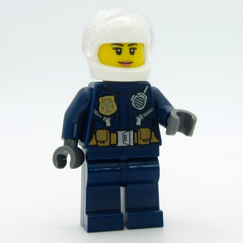 Lego Policewoman, Dark Blue Jacket with Radio, Badge, and Belt with Pouches, White Helmet with Trans-Clear Visor