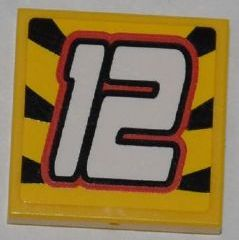 Lego Tile 2 x 2 with White '12' on Striped Black and Yellow Background Pattern (Sticker) - Set 8228