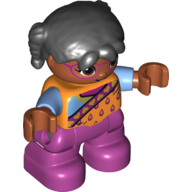 Lego Duplo Figure Child with Pigtails Black, with Bright Light Orange Top with Light Blue Sleeves - Magenta Glasses - Magenta Legs