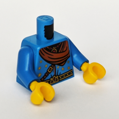 Lego Torso Tunic with Gold and Black Belt, Gold Stars, Reddish Brown Bandana and Necklace Print, Blue Arms, Yellow Hands