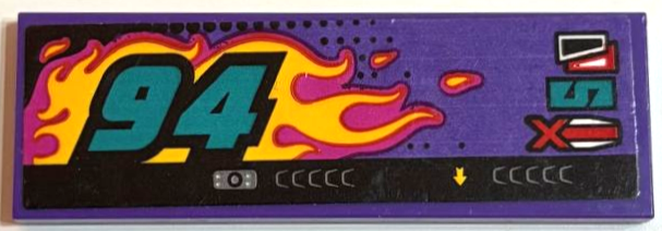 Lego Tile 2 x 6 with Black Stripe, Bright Light Orange and Magenta Flames and Dark Turquoise '94' Pattern Model Left Side (Sticker) – Set 76935