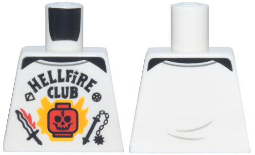 Lego Torso Baseball T-Shirt, Red Skull, Bright Light Orange Flames, Black Weapons and 'HELLFIRE CLUB' Pattern / White