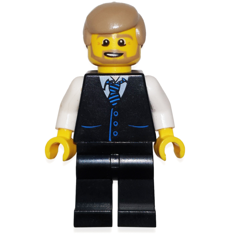 Lego Man, Black Vest with Tie, Dark Tan Hair, Beard