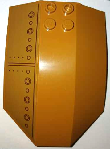 Lego Windscreen 8 x 6 x 2 Curved Sloped Sides with Reddish Brown Dots, Circles and Metal Plate Outlines Pattern Model Left Side (Sticker) - Set 76261 / Medium Nougat