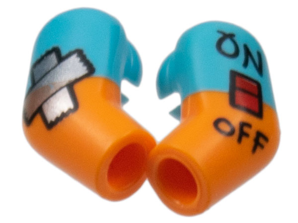 Lego Arm, (Matching Left and Right) Pair with Medium Azure Short Sleeves, Silver Tape, 'ON/OFF' Switch Pattern / Orange