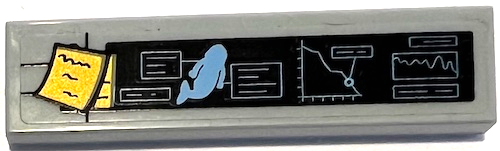 Lego Tile 1 x 4 with Yellow Notes and Medium Blue Minifigure Mermaid Silhouette and Diagrams on Black Background Pattern (Sticker) - Set 60096