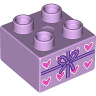 Lego Duplo Brick 2 x 2 with Medium Lavender Bow, Hearts Print / Lavender