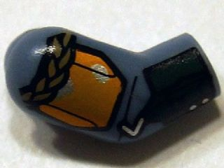 Lego Arm, Right with Bright Light Orange Shoulder Armor with Black Lines, Dark Tan Braid and Dark Green Gauntlet with Flamethrower Pattern