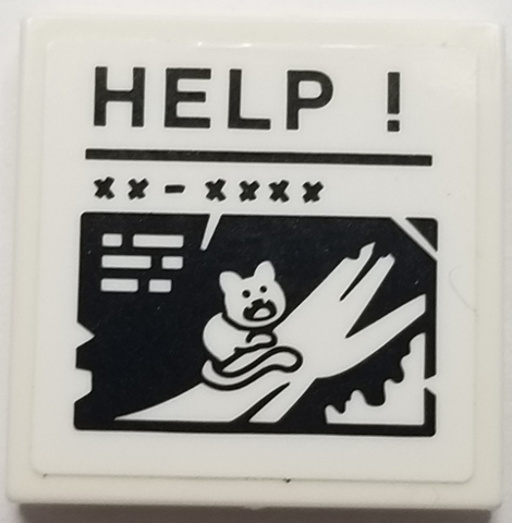 Lego Tile 2 x 2 with Caption of Cat on Tree Branch, 'HELP !' and 'XX - XXXX' Pattern (Sticker) - Set 70902