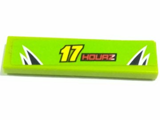 Lego Tile 1 x 4 with Yellow '17' and Red 'HOURZ' and Black and Lime Flames Pattern (Sticker) - Set 8119 / Lime