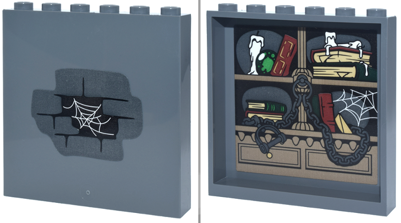 Lego Panel 1 x 6 x 5 with Black Brick Wall and White Spider Web on Outside and Dark Tan Shelves and Drawers with Chain, Books and Candles on Inside Pattern (Stickers) - Set 76471 / Dark Bluish Gray