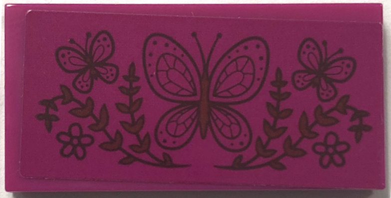 Lego Tile 2 x 4 with Dark Brown Plants and Butterflies Pattern (Sticker) - Set 43202 / Magenta
