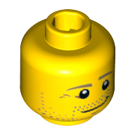 Lego Minifig Head, Beard Stubble, Dark Tan Eyebrows, Crow's Feet, Lopsided Smile Print