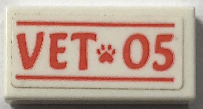 Lego Tile 1 x 2 with Coral 'VET 05' and Paw Print Pattern (Sticker) - Set 41445 / White