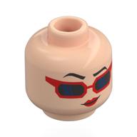 Lego Minifig Head Evie, Black Eyebrows, Red Lips, Red Sunglasses, Black Lenses, Neutral/Laughing / Light Nougat