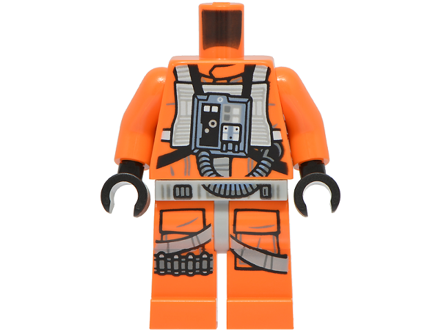 Lego Body SMART Minifigure, Torso with Light Bluish Gray Hips and Orange Legs with SW Rebel Pilot with Sand Blue Front Panel with Hose, Black Belts and Pockets Pattern / Orange Arms / Black Hands