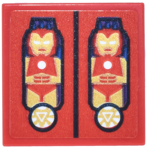 Lego Tile 2 x 2 with Toy Boxes with Iron Man, Red  and Gold Helmet and White Triangle Arc Reactor Pattern (Sticker) - Set 43302 / Red