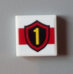 Lego Tile 2 x 2 with Yellow Number 1 Fire Logo Badge on Red Stripe Pattern (Sticker) - Set 60004