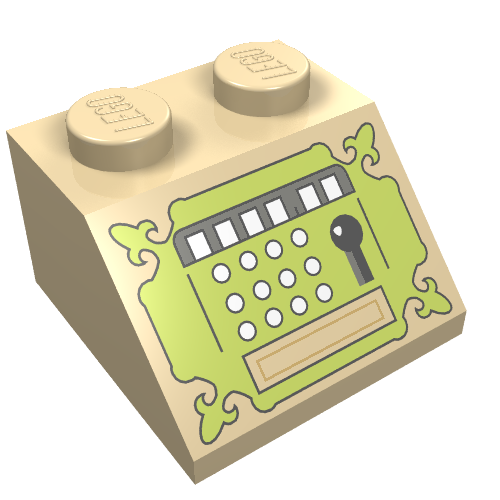 Lego Brick Sloped 45° 2 x 2 with Sand Green Cash Register Print / Tan
