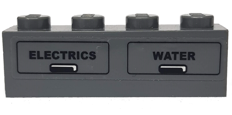 Lego Brick 1 x 4 with Black 'ELECTRICS' and 'WATER' Pattern (Sticker) - Set 7938