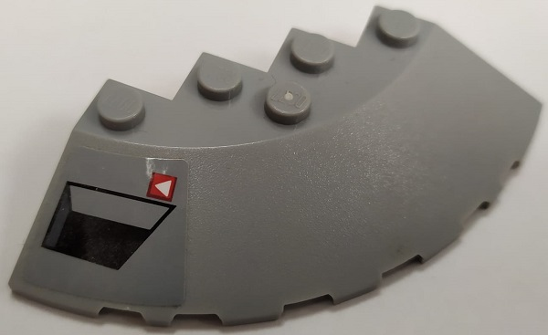 Lego Brick, Round Corner 6 x 6 with Slope 33 Edge, Facet Cutout with Black Vent and White Triangle on Red Square Pattern Model Right Side (Sticker) - Set 75150 / Light Bluish Gray