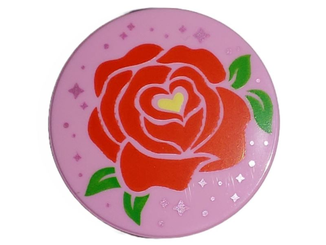 Lego Tile, Round 2 x 2 with Bottom Stud Holder with Red Rose, Bright Green Leaves, Bright Light Yellow Heart and Metallic Pink Stars Pattern