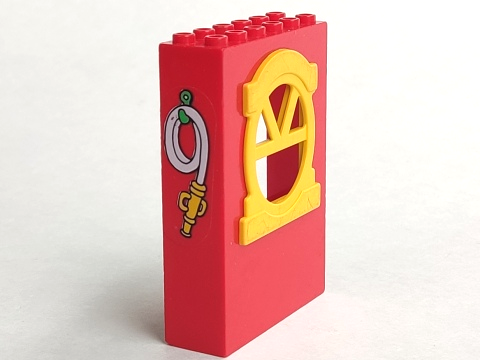 Lego Fabuland Building Wall 2 x 6 x 7 with Round Top Yellow Window with Fire Hose Pattern (Sticker) - Set 3669 / Red