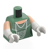 Lego Torso, Dual Molded Arms, Dress, Dark Green Creases, Sand Blue Decorations, White Pearl Necklace Print, Light Nougat Sleeves Pattern, White Arms and Hands