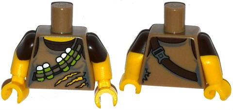 Lego Torso Torn Tank Top with Ammunition Belt over Dark Brown Shirt Pattern / Yellow Arms with Molded Dark Brown Short Sleeves Pattern / Yellow Hands