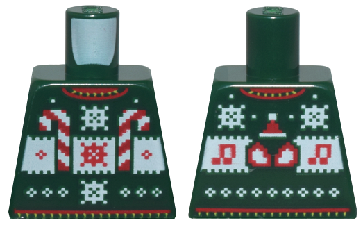 Lego Torso Knit Fair Isle Holiday Sweater with Red and White Candy Canes, Snowflakes, Music Notes, and Spider-Man Eyes Pattern / Dark Green