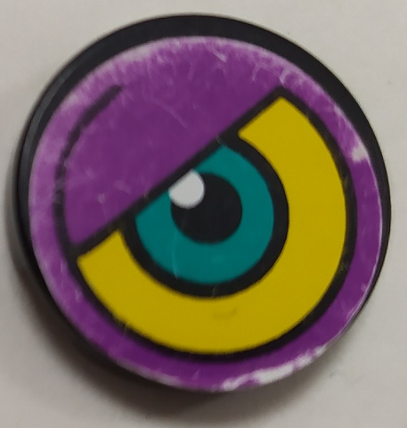 Lego Tile, Round 2 x 2 with Purple/Yellow Background and Dark Turquoise Eye Pattern Model Left Side (Sticker) - Set 8245 / Black