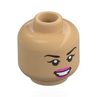 Lego Minifig Head Olivia Rodrigo, Dark Brown Eyebrows, Bright Pink Lips, Open Mouth Smile / Wink, Open Mouth, Red Tongue, Stickers on Face
