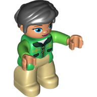 Lego Duplo Figure with Thick Short Hair Combed over Forehead and Bun Black, with Green Jacket with Zipper - Nougat Face and Hands, Oval Eyes - Tan Legs / Green