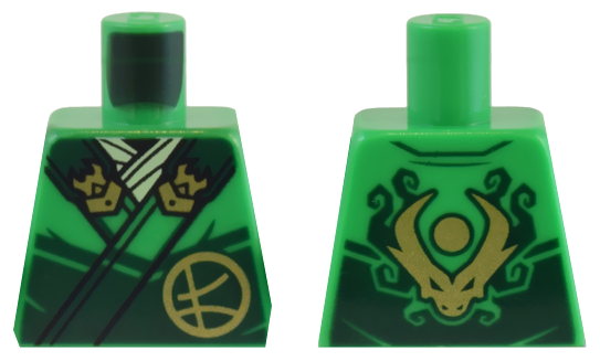Lego Torso Robe Dark Green Straps, Gold Buckles, Ninjago Logogram Letter L and Dragon Head and Orb on Back Pattern / Bright Green