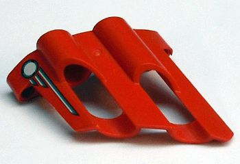Lego Technic, Panel Fairing # 1 Large Short, Large Holes, Side A with Dark Gray and Light Gray Circle and Lines Pattern (Sticker) - Set 8520 / Red