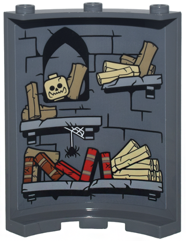 Lego Cylinder Quarter 4 x 4 x 6 with Brick Wall with Black Mortar, Arch, Light Bluish Gray Bookshelves, Scrolls, Books, Skull and Spider Pattern (Sticker) - Set 10333