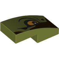 Lego Brick Curved 2 x 1 No Studs with Yellow Eye Left, Dark Brown Shape Print / Olive Green
