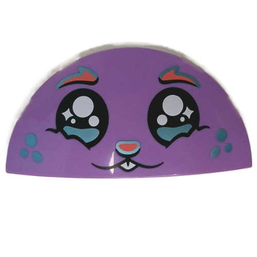 Lego Brick Round 3 x 6 Half Circle with Bunny Face, Black Eyes, Tears, Metallic Blue Spots, Coral Nose, Eyebrows Print / Medium Lavender