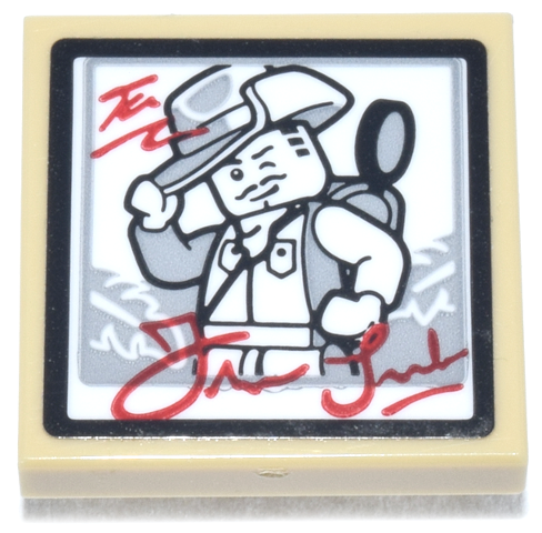 Lego Tile, Modified 2 x 2 Inverted with Autographed Picture of Adventurer Minifigure / Johnny Thunder Pattern (Sticker) - Set 70657 / Tan